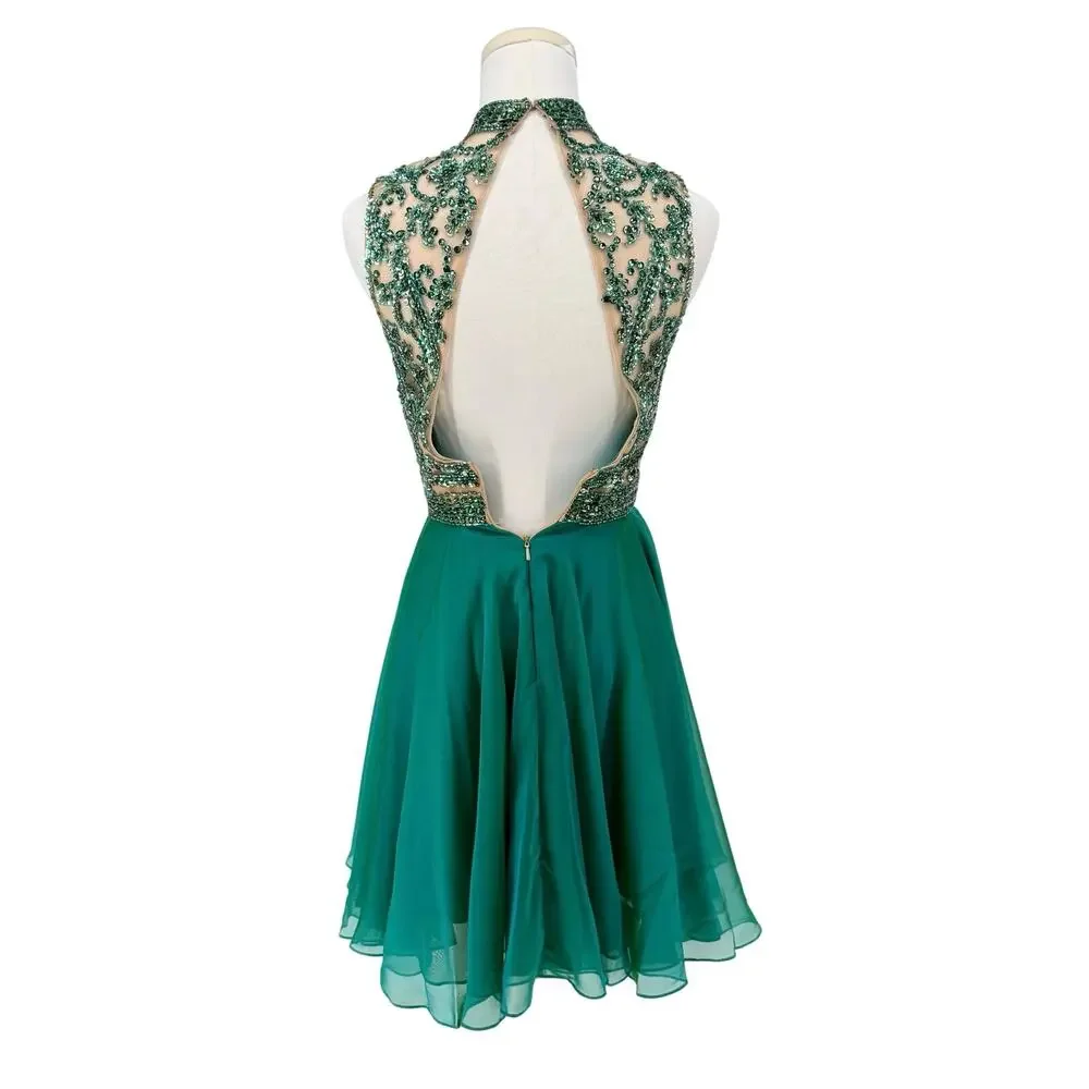 Sherri Hill Beaded Cocktail Dress Mermaid Green Fit & Flare Sz 2 Y2K VTG Prom